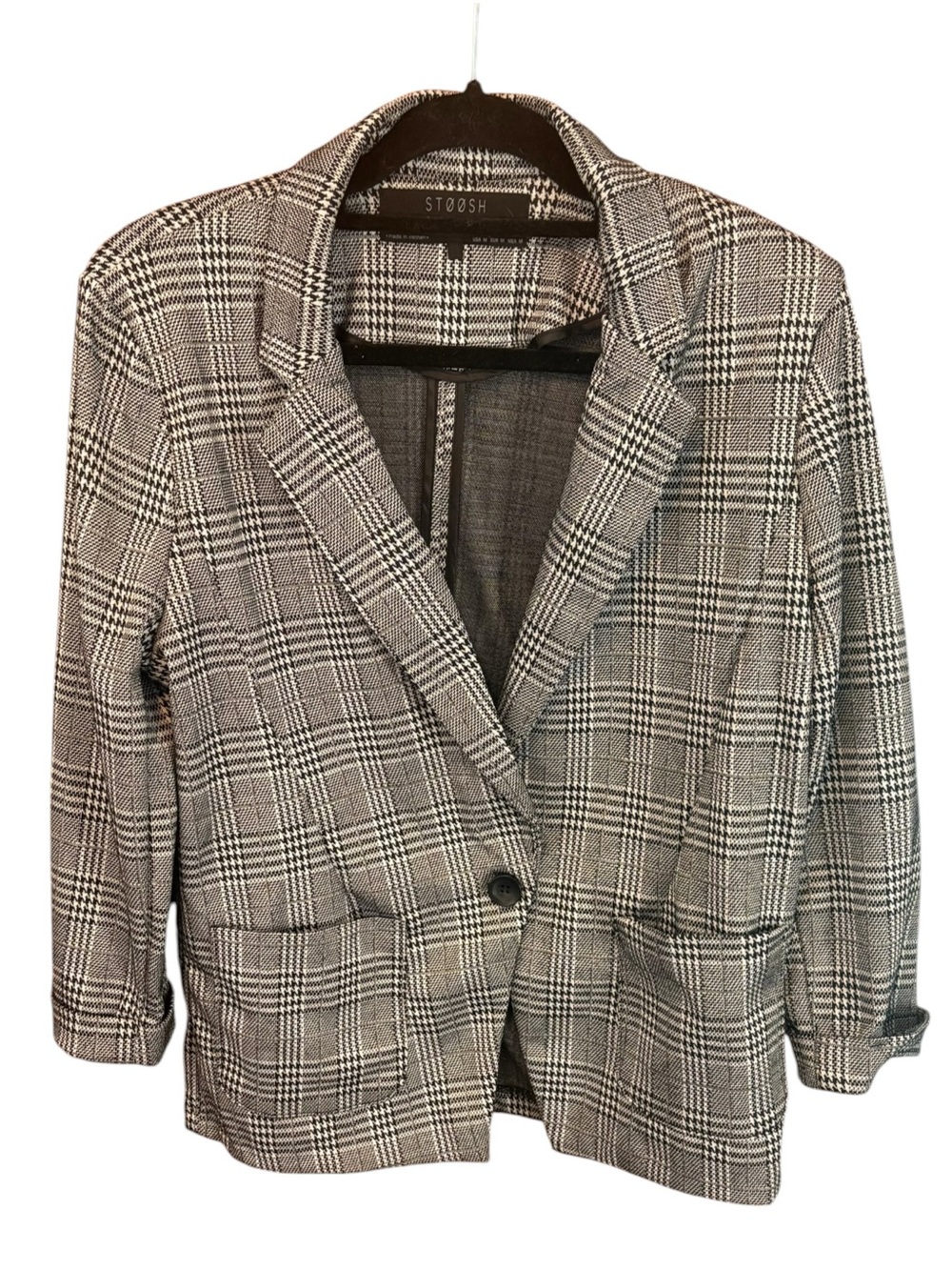 Stoosh Plaid Blazer Women’s Medium Black White Glen Plaid
